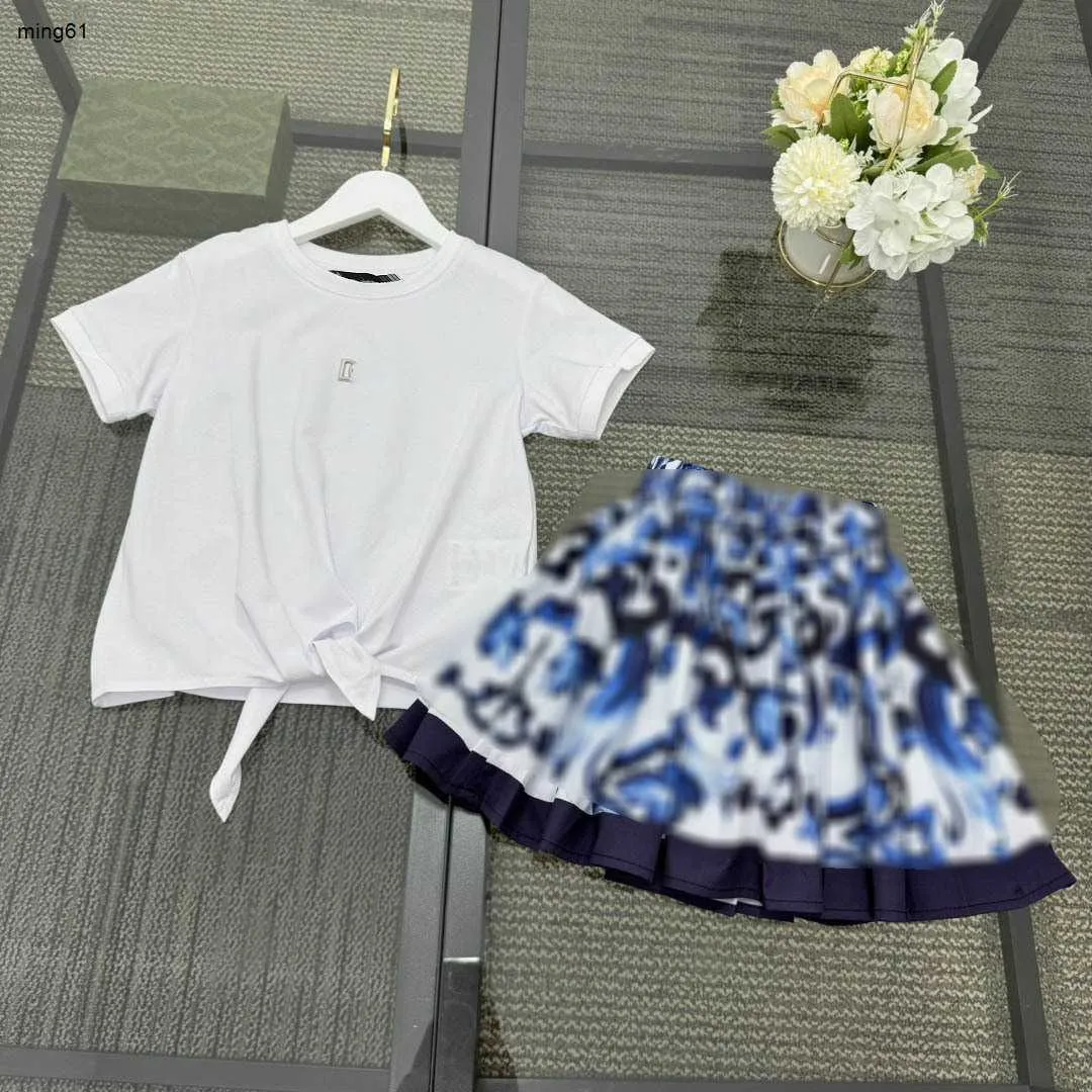 Brand baby clothes kids tracksuits girls dress two-piece set Size 100-150 CM Tie up waist design T-shirt and blue patterned short skirt 24Mar