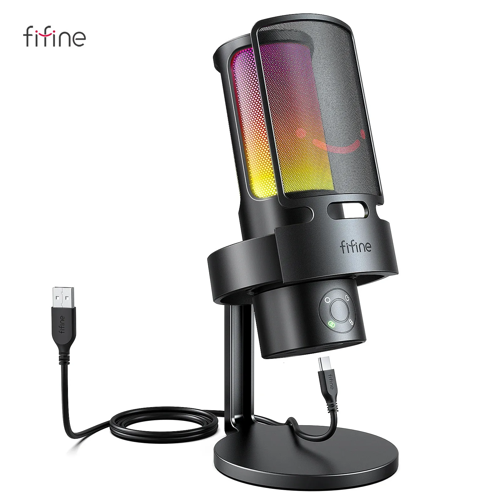 FIFINE Ampligame A8 PLUS USB-Mikrofon mit steuerbaren RGB3-Kapseln, 4 Richtcharakteristiken, Gain Dialsa Live Mic-Buchse mit Stummschaltung 240322