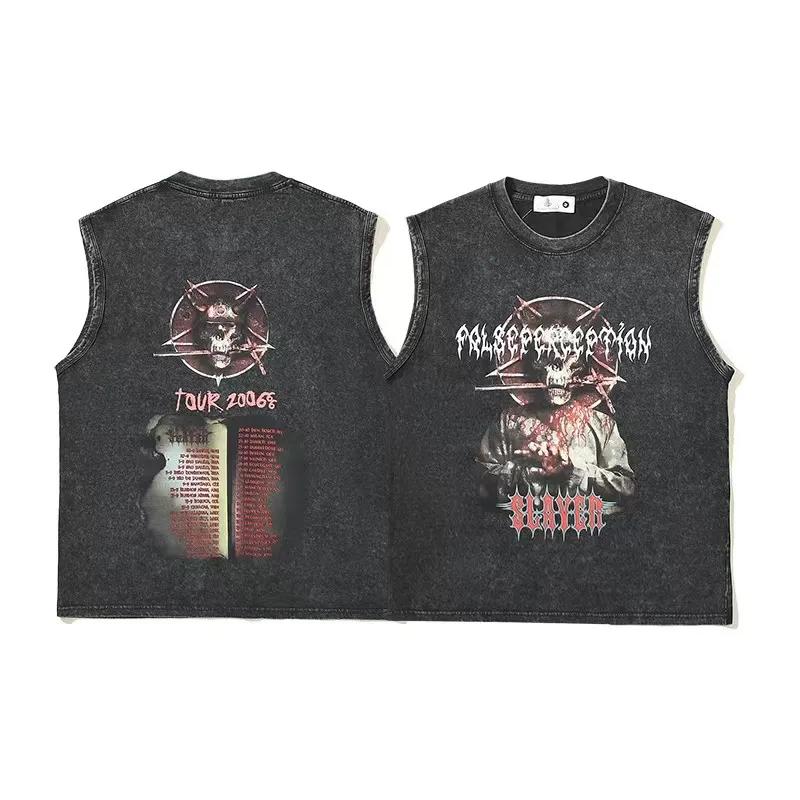 SS Nieuwe Vintage Feng Shui Gewassen Oude Kam Schouder Sport Tank Top Casual Losse Unisex Hip Hop Gedrukt Mouwloos T-shirt Paar Top TEE