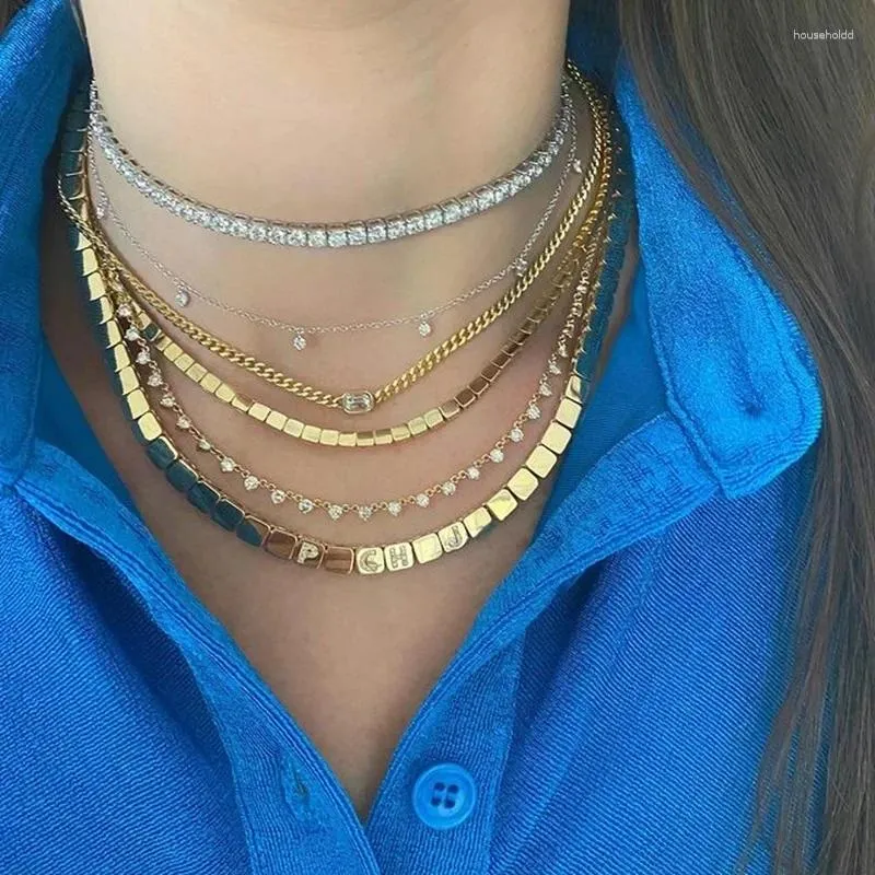 Chaînes Géométrique Plaqué Or Femmes Ras Du Cou Simple Rectangle Carré Perlé Lien Chaîne Tennis Collier