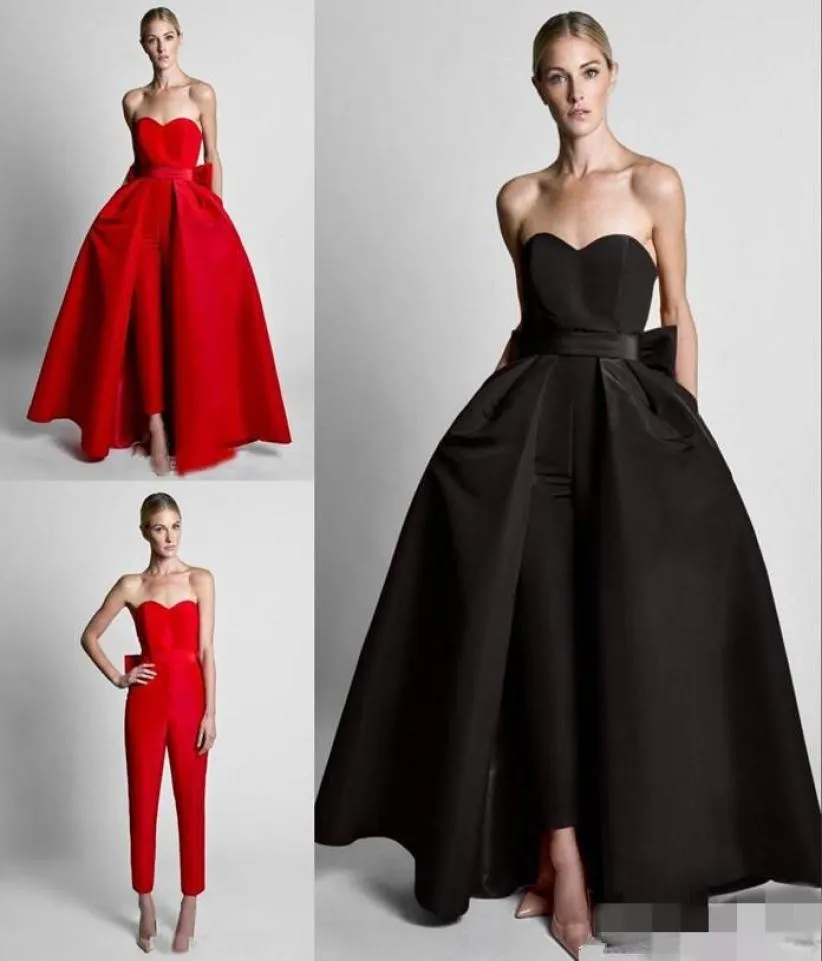 Fashion Red Löstagbar tåg Evening Prom Dresses Billiga jumpsuits Bows Sweetheart Simple Satin Pants Suits Hela Zuhair Murad6325446