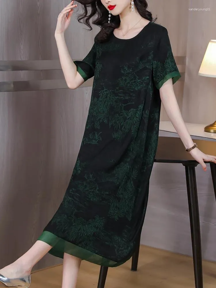 Vestidos de festa impressos verdes verão verão mulheres vestidos elegantes luxuosos cetim de seda coreana boho túnicos para feminino 2024