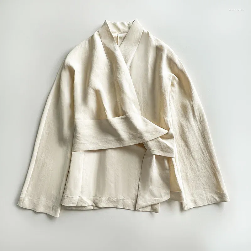 Женские блузки, осень 2024, женский топ с v-образным вырезом и завязкой на талии, топ из смешанного шелка и льна
