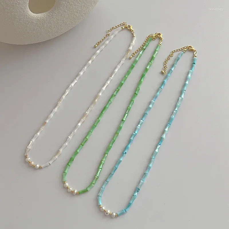 Choker Minar Vintage White Green Blue Color Natural Shell Bamboo Joint Strand Pärled Necklace For Women mässing sötvatten pärlkokare