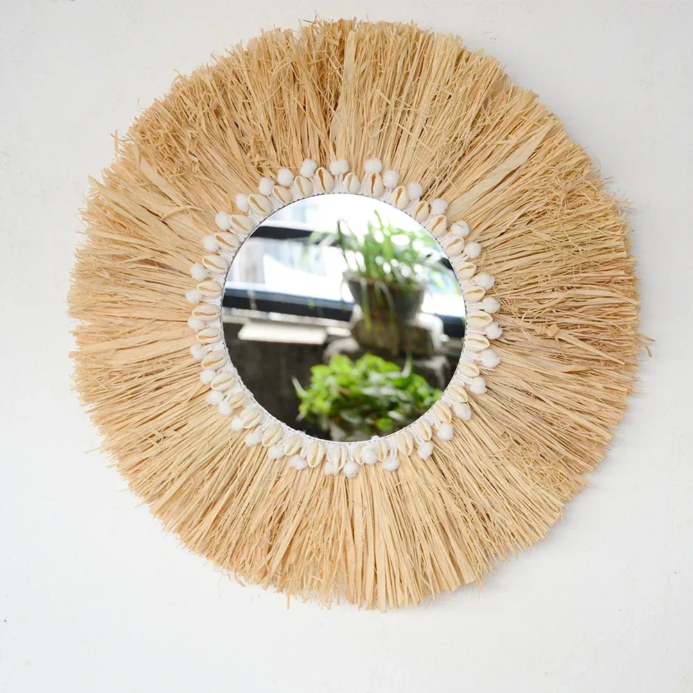 boho Home Furnishing Forest Rattan Decorative wall mirrors Raffia Woven Wooden Bead Tapestry Living Room 240322