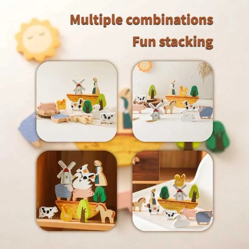Montessori Farm Animal Stacking Toy - Wooden Balance Blocks, Sorting ...