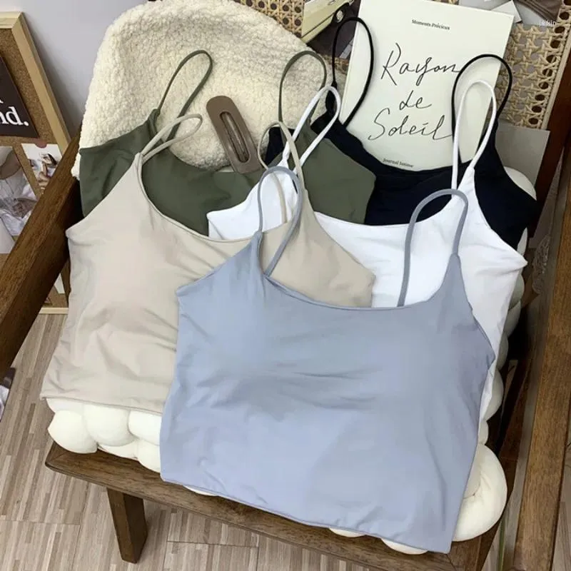 Camisolas sin mangas de estilo coreano, chaleco con tirantes sin costuras, Sexy, de seda helada, con almohadillas para el pecho para envolver el pecho y usar ropa interior