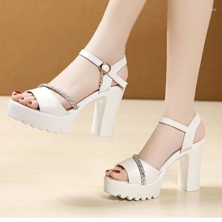 Dress Shoes Rhinestone Sandals Women 2024 Ankle Strap Open Toe Block Heels Pumps Summer High Platform Black White