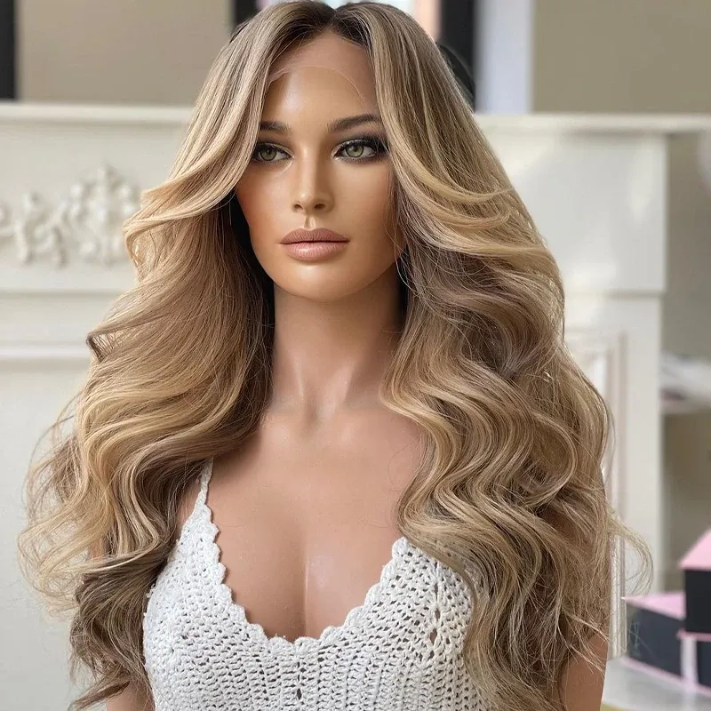 Perruques Lace Front Wig synthétiques blond cendré 13x4.5, perruques de Cosplay ondulées à reflets longs, Style ondulé naturel avec raie centrale pour femmes