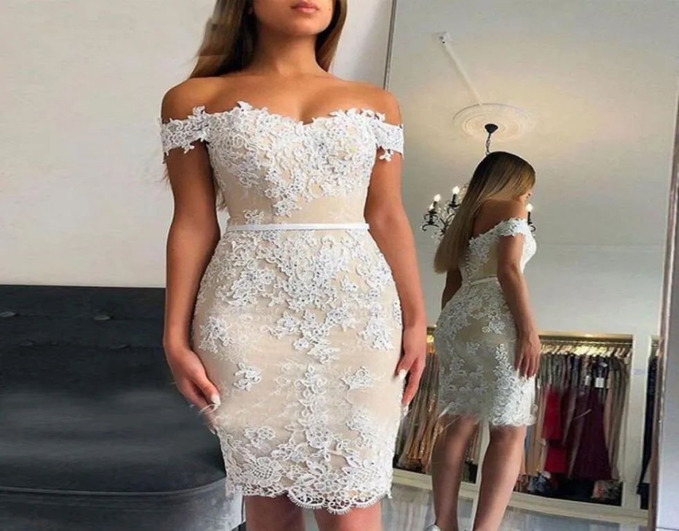 Light Champagne Beaded Cocktail Dresses Knee Length Short White Lace Applique Sweetheart Women Tight Fitted Party Dress5737367