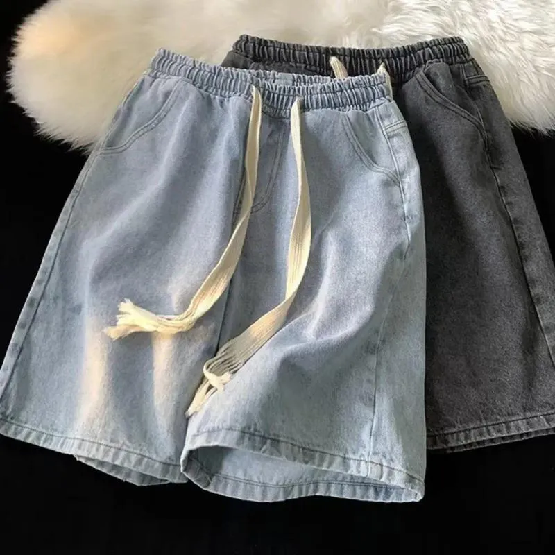 Herr jeans casual män denim shorts elastiska dragsko med fickor sommarstrand snabbtorkande bred för