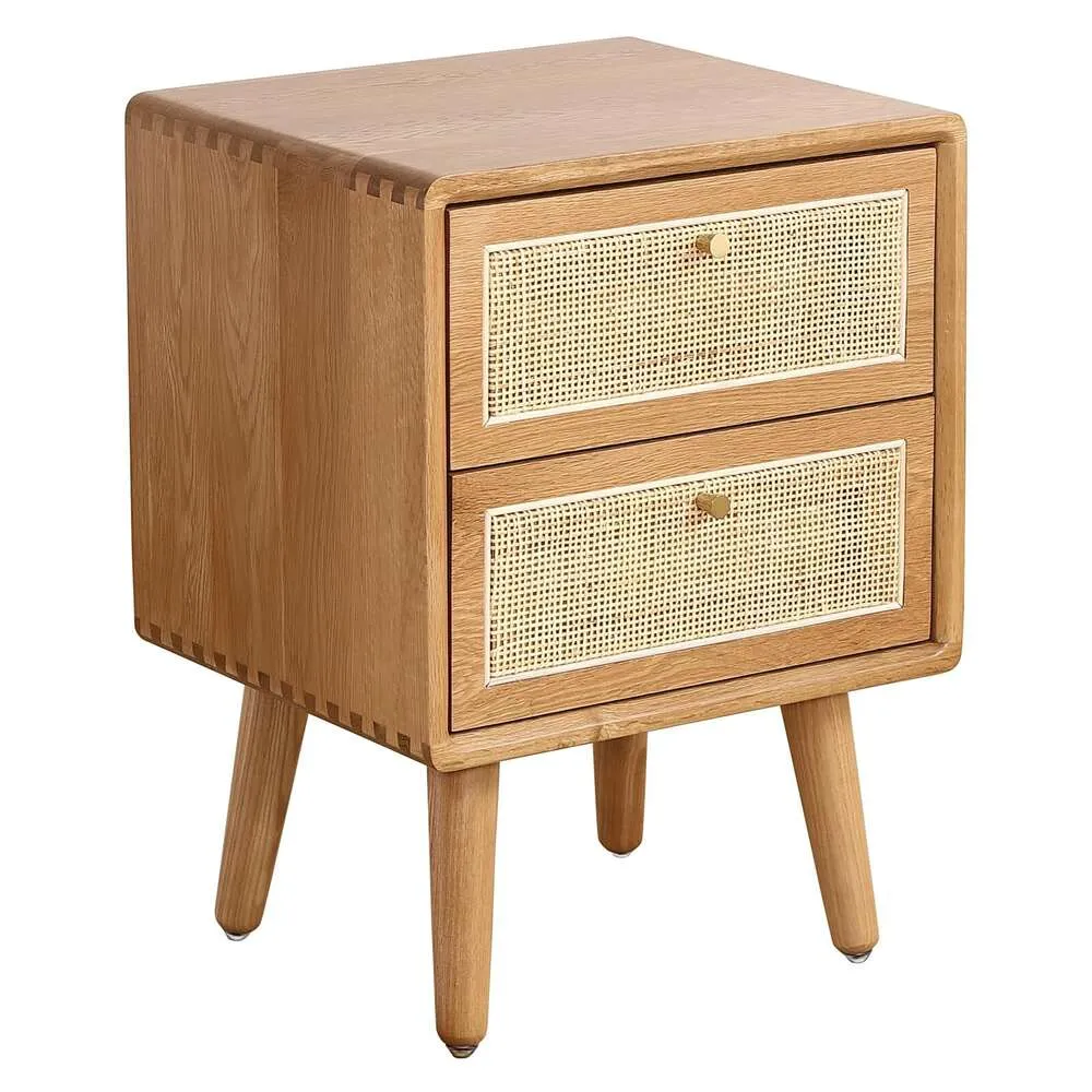 Olusmane Nightstand Easy Assembly Solid Oak Wood Mid Century Modern Night Stand with 2 Rattan Drawers Small Bedside Table Sturdy&dual 15.75 "L 13.78" W X 21.26