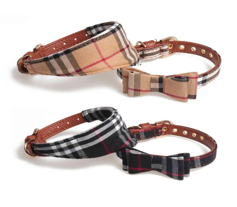 Collari e guinzagli per cani con papillon Set classico con ciondolo scozzese regolabile Bandana e collare per cani in morbida pelle per cuccioli di gatto 3 pezzi B329098446