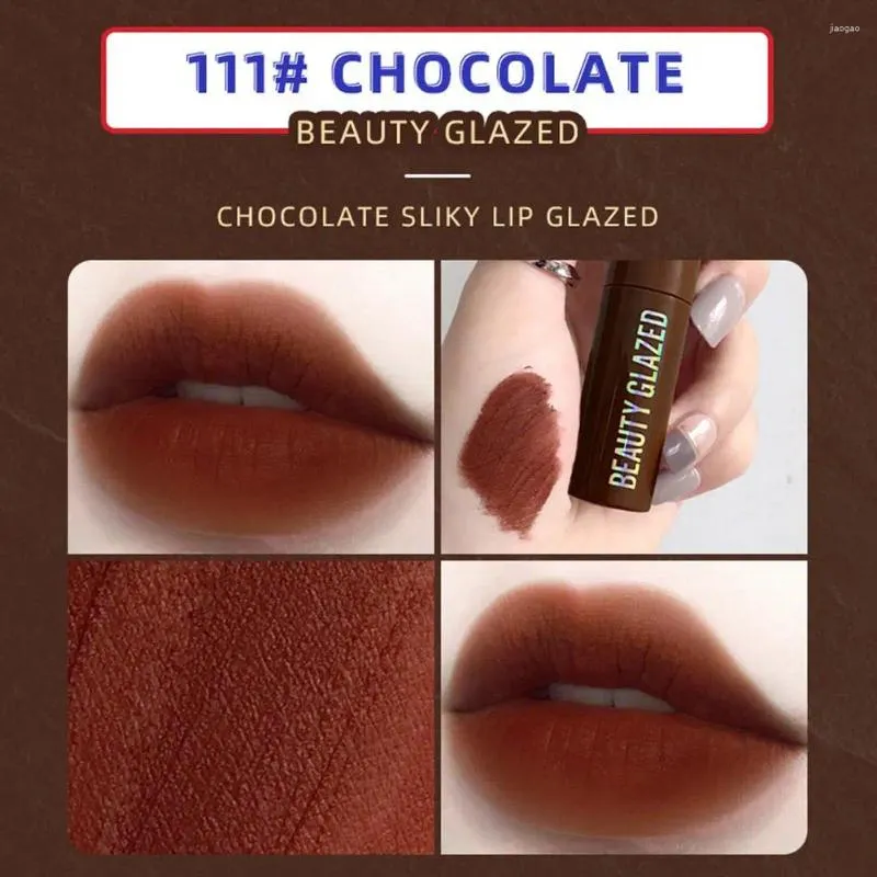 Lipgloss für Schönheit, glasierte Schokoladennebeloberfläche, matt, langlebig, feuchtigkeitsspendend, verblassender Antihaft-Lippenstift, natürlich, Nr. Q8y5