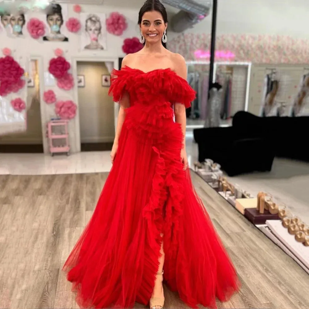 Stunning A-Line Ruffled Tulle Prom Dresses Off The Shoulder Side Split Puffy Evening Party Gown Red Long Womens Maxi Dress 326 326