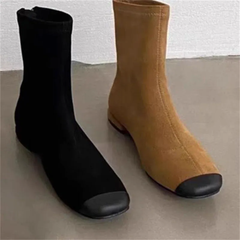 Ботинки бархатные туфли для женщин квадратные пальцы дамские швейные линии шасси