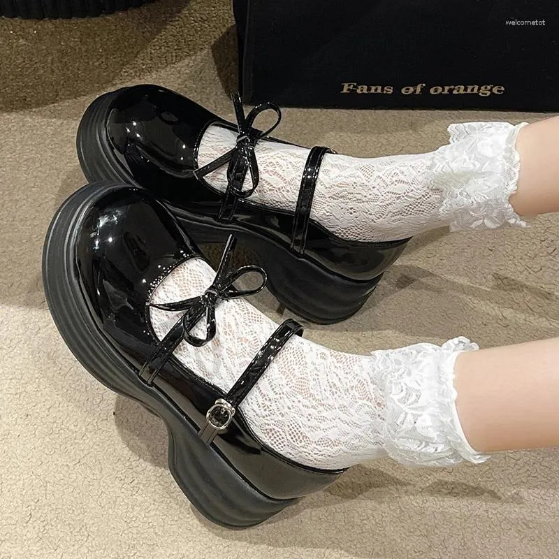 Robe Chaussures Noir Chunky Plateforme Mary Jane Pour Femmes 2024 Automne En Cuir Verni Pompes Femme Fond Épais Bowknot Lolita Dames