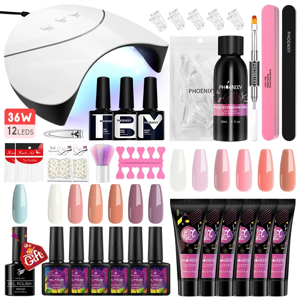 Kits gel de ongle en poly avec 36W UV LED Lampe séchée semi-permanent Gel Gel Vernis Manucure Kit de gel d'extension rapide Kit d'outils d'art nail