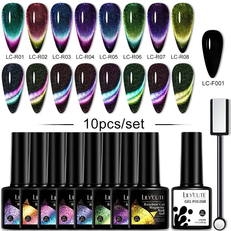 Zestawy LilyCute 10pcs/Set Gel Gel Pieśń 9D Odblaskowy brokatowy żel magnetyczny zestaw z magnetycznym drążkiem zanurzając lakier do paznokci