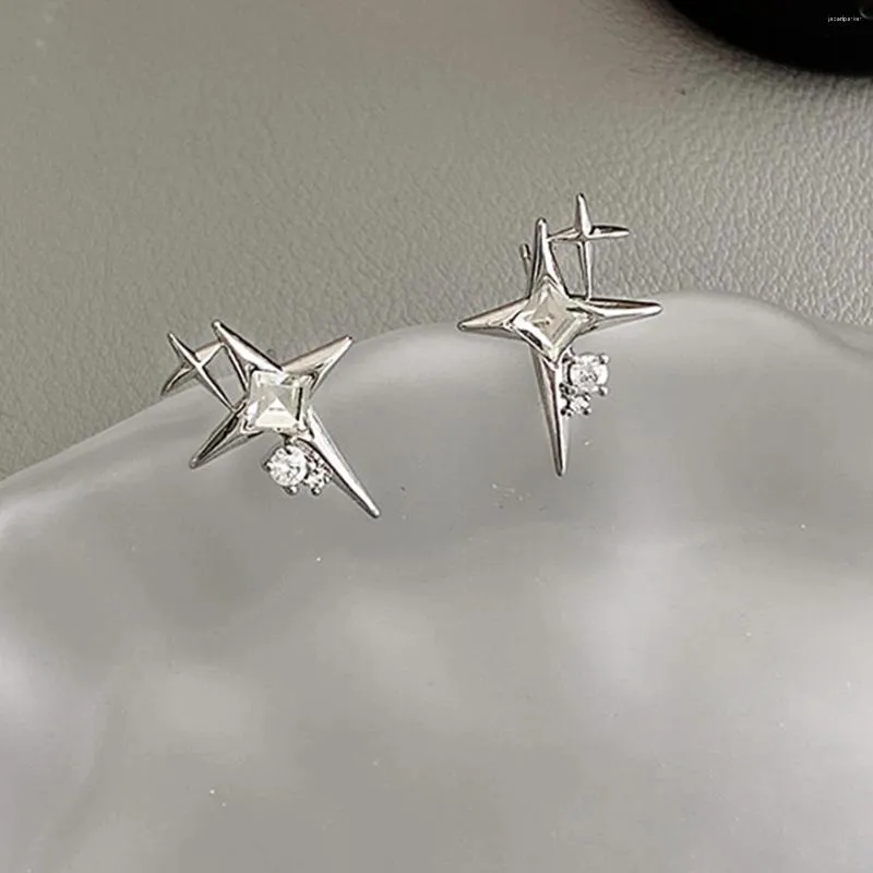 Stud Earrings 2024 Fashion Silver Color Cross Star Zircon For Women Girl Korean Four-Pointed Personality Jewelery