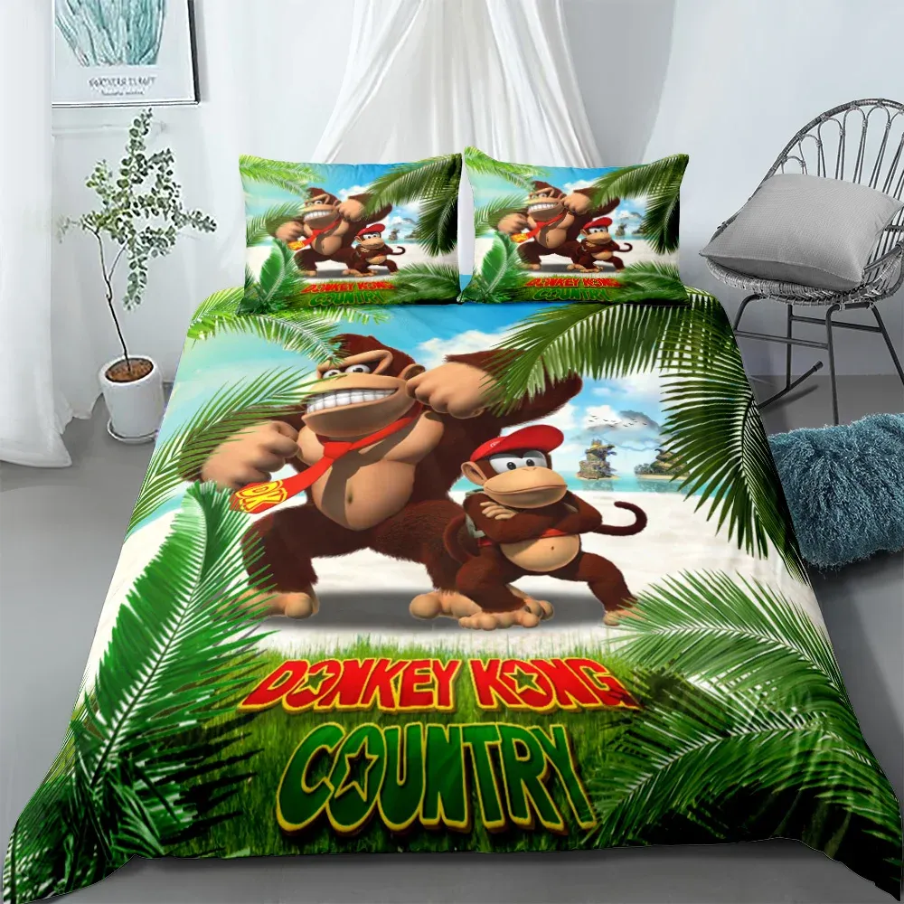 Set Monkey Cartoon Donkey Kong Bettdecke Cover Set King Queen Double Full Twin Single Size Bett Leinen Set Sheer Vorhänge