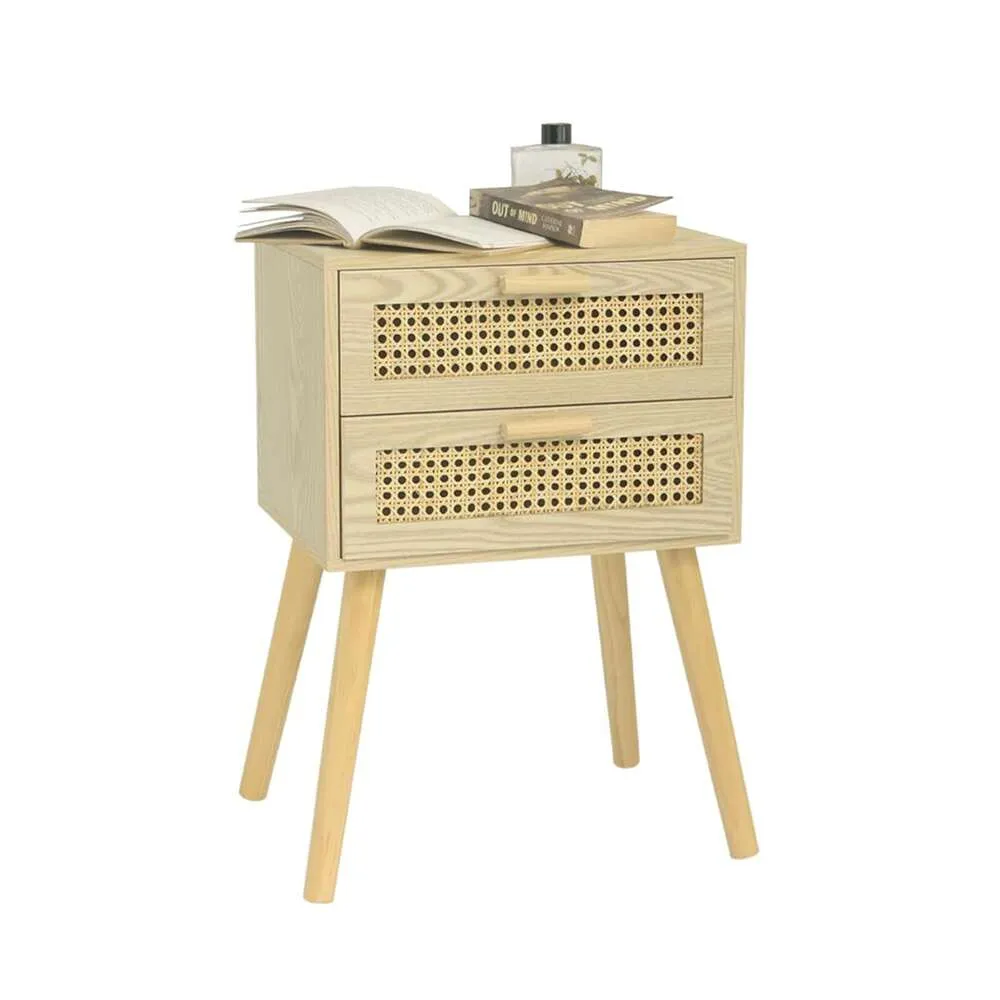 AWASEN Chevet 2 tiroirs, espace de rangement pour chambre à coucher avec bord en rotin, table basse moderne avec pieds solides, adaptée au salon, bois de noyer naturel