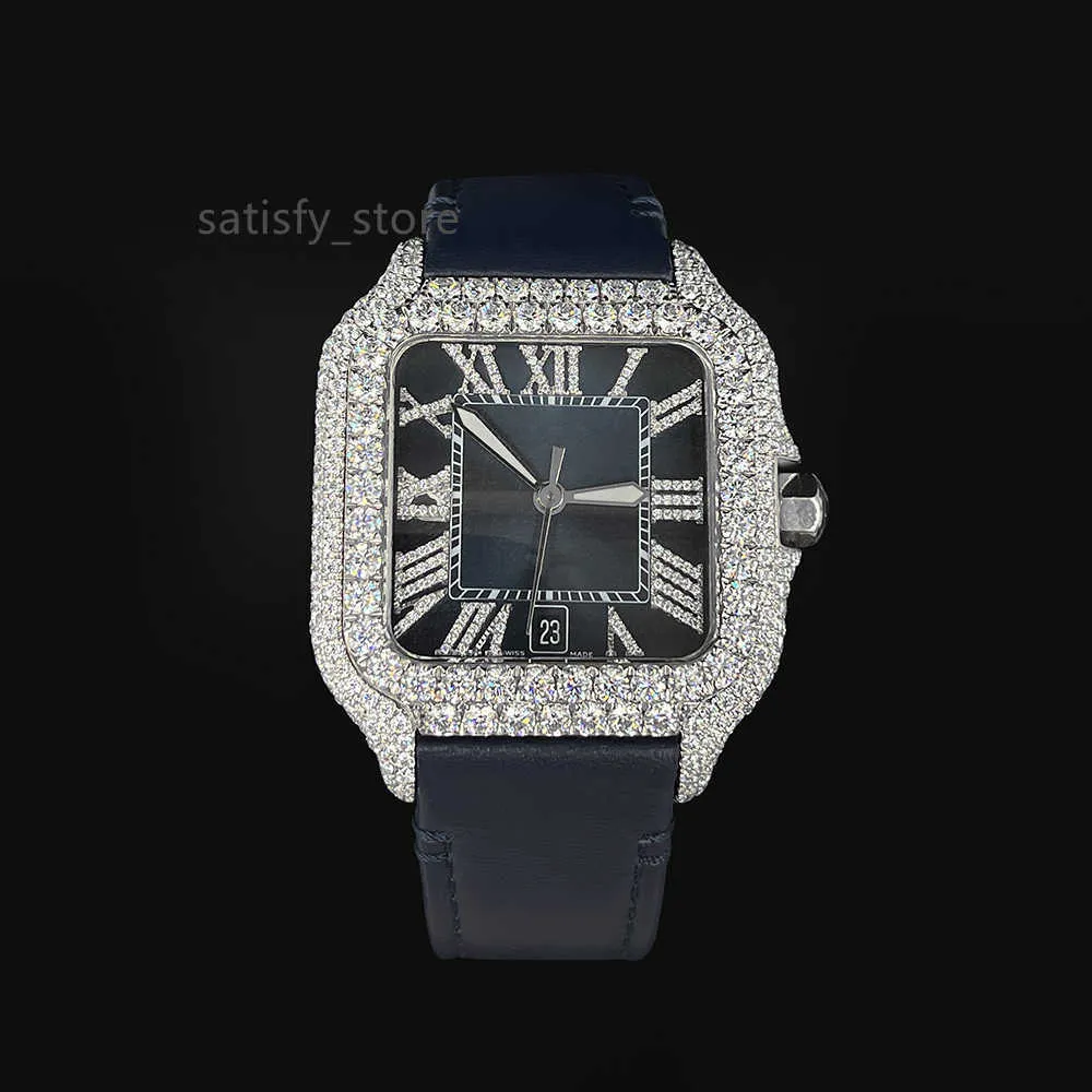 Lyxanpassad isad VVS 1 / VS1 GRA -certifierad svar Studdad Moissanite Diamond Bezel / Band Watch med läder