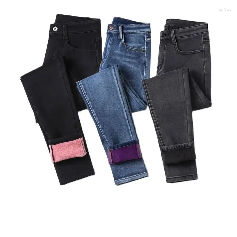 Jeans Femme Oversize Femmes Hiver Denim Velours Épaissir Chaud Peluche Crayon Pieds Skinny Ajustement Plus Taille Leggings Doublure XS 10XL