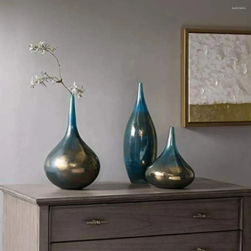 Vases Haut Vase Blanc Fait Main Grand Céramique 3 Ensembles De Pierres Ivoire Métal Bleu