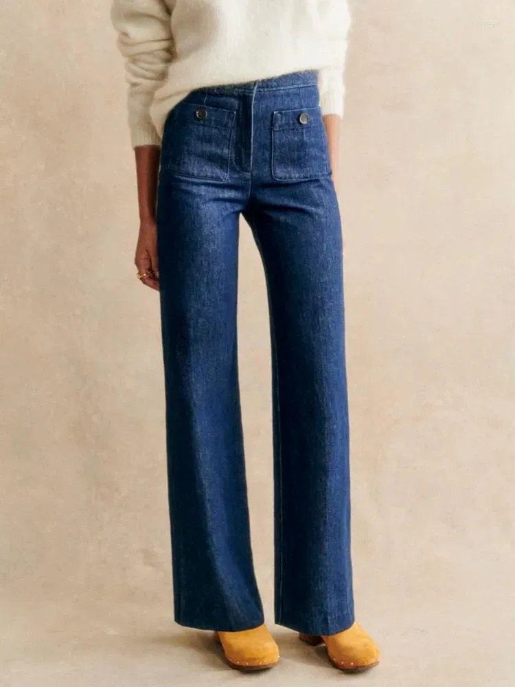 Women's Jeans Women Slim Fashion High Waist Front Pockets Autumn Cotton Wide Leg Long Pants