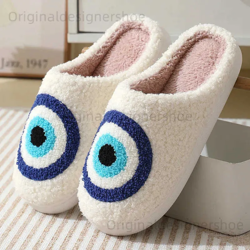 Pantoufles dessin animé Blue Eye Home Slippers for Women 2023 Hiver chaud doux plus femme maison intérieure talons plats couples chaussures de coton t240323