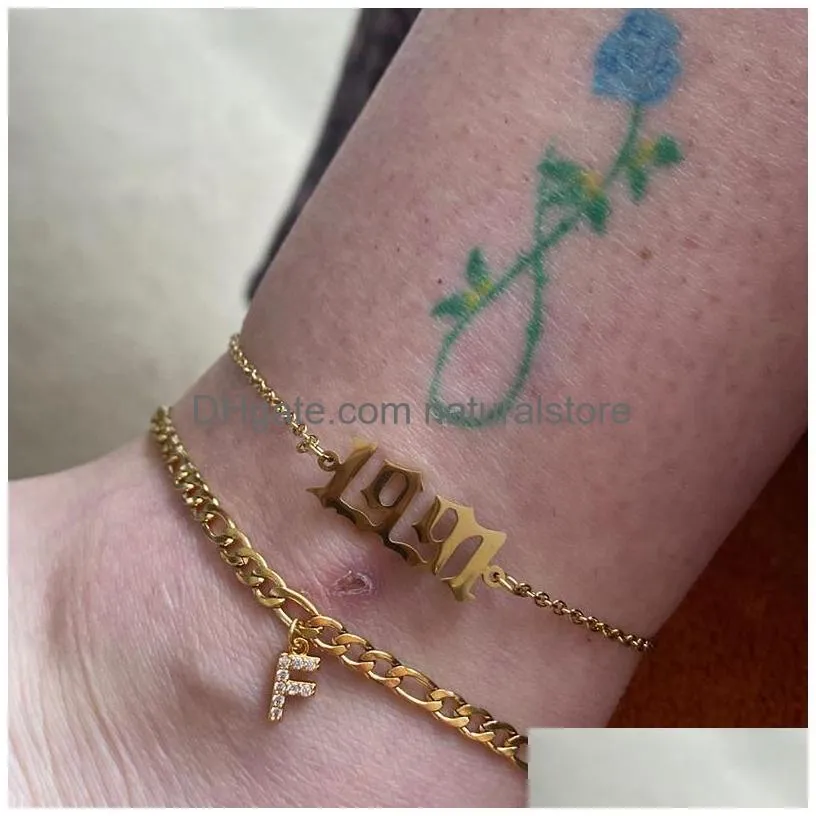 Tobilleras Tiny A-Z Letra inicial para mujeres Acero inoxidable Color dorado Alfabeto Enlace cubano Pulsera para el tobillo Boho Joyería Regalo Bijou Drop DHGBS