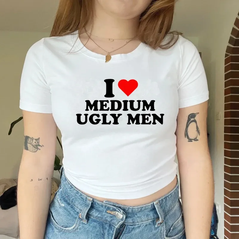 J'aime moyen laid hommes amour coeur conception originale bébé Tee Kawaii vêtements années 2000 Grunge t-shirts femmes hauts courts Femme Tees 240320