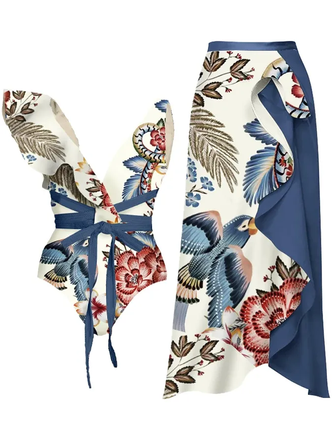 Kostymer 2023 Ny vintage blommig djur landskap tryck vneck fold onepiece laceup asymmetrisk design resort stil baddräkt cover kjol