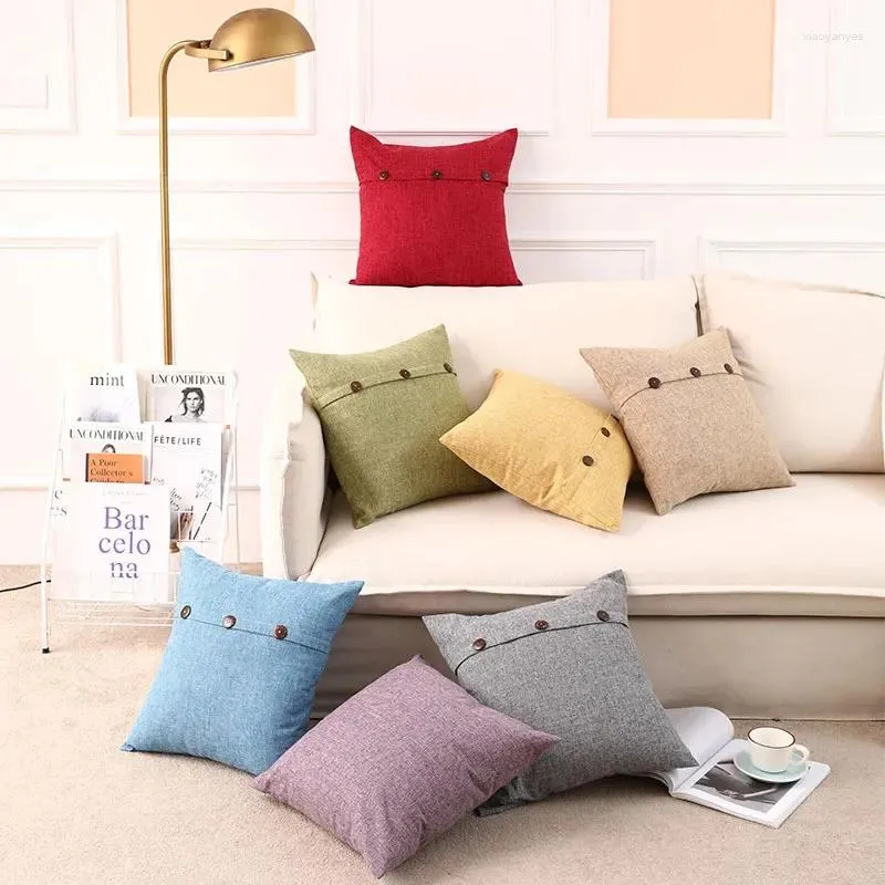 Pillow Cotton And Linen Button Cover Solid Color Coconut Buckle Decorative Pillows