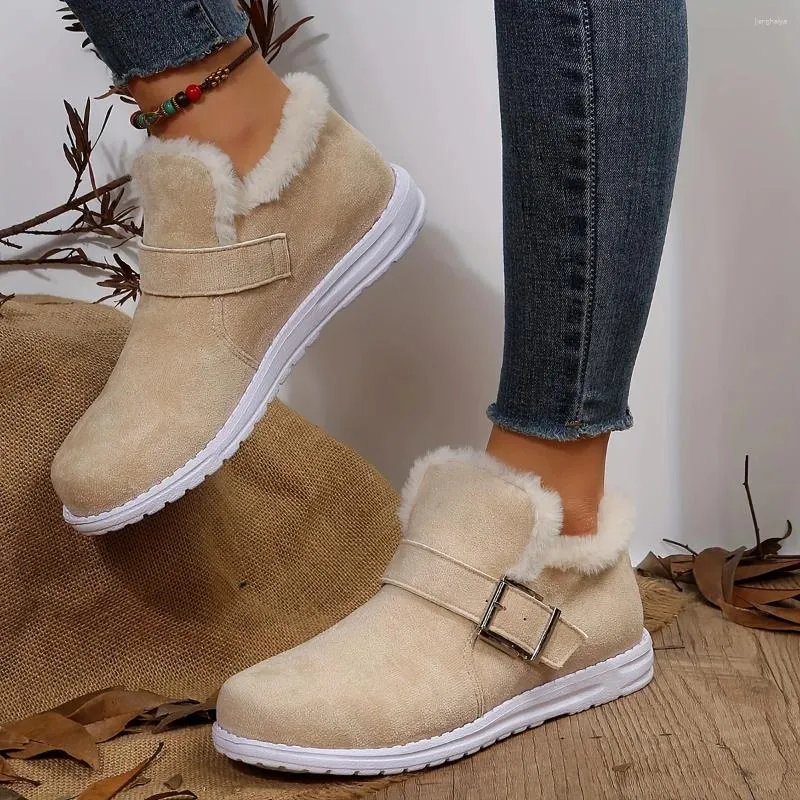 Chaussures décontractées mocassins femmes doublure en peluche plat hiver chaud boucle sangle sans lacet bottes de neige thermique suédine mi haut