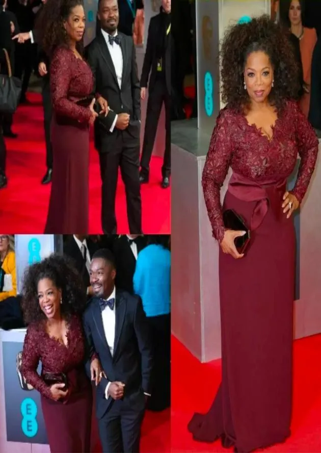 Mew Oprah Winfrey Bordeaux Lange Mouwen Sexy Moeder van de Bruid Jurken VNeck Sheer Lace Schede Grote maten Celebrity Red Carpet G3770146