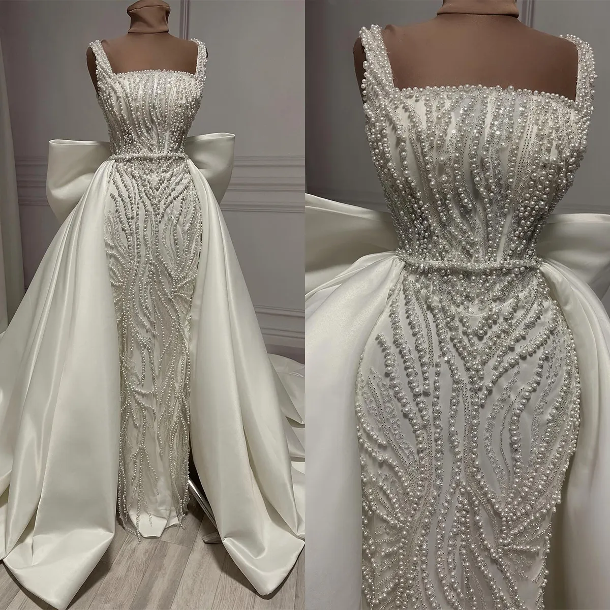 Elegant kvinnor bröllopsklänning fyrkantig hals ärmlösa brudklänningar pärlor båge avtagbar tågklänning skräddarsydd vestidos de novia