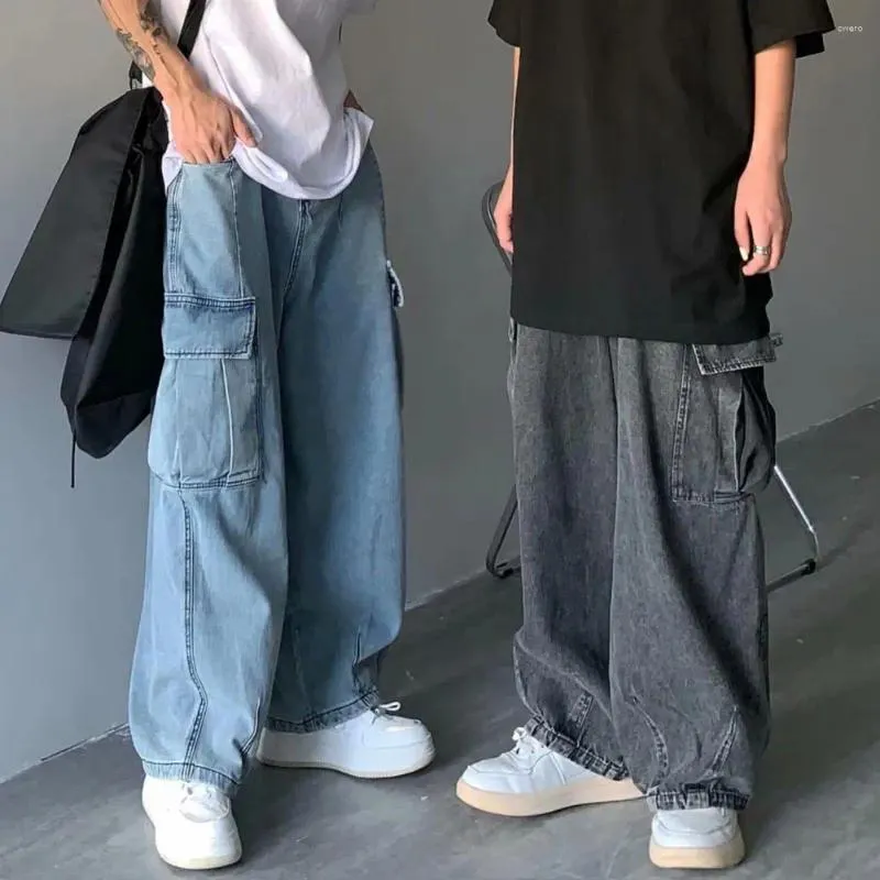 Jeans masculinos homens de pernas retas retro solto ajuste denim calças com vários bolsos para perna larga carga streetwear