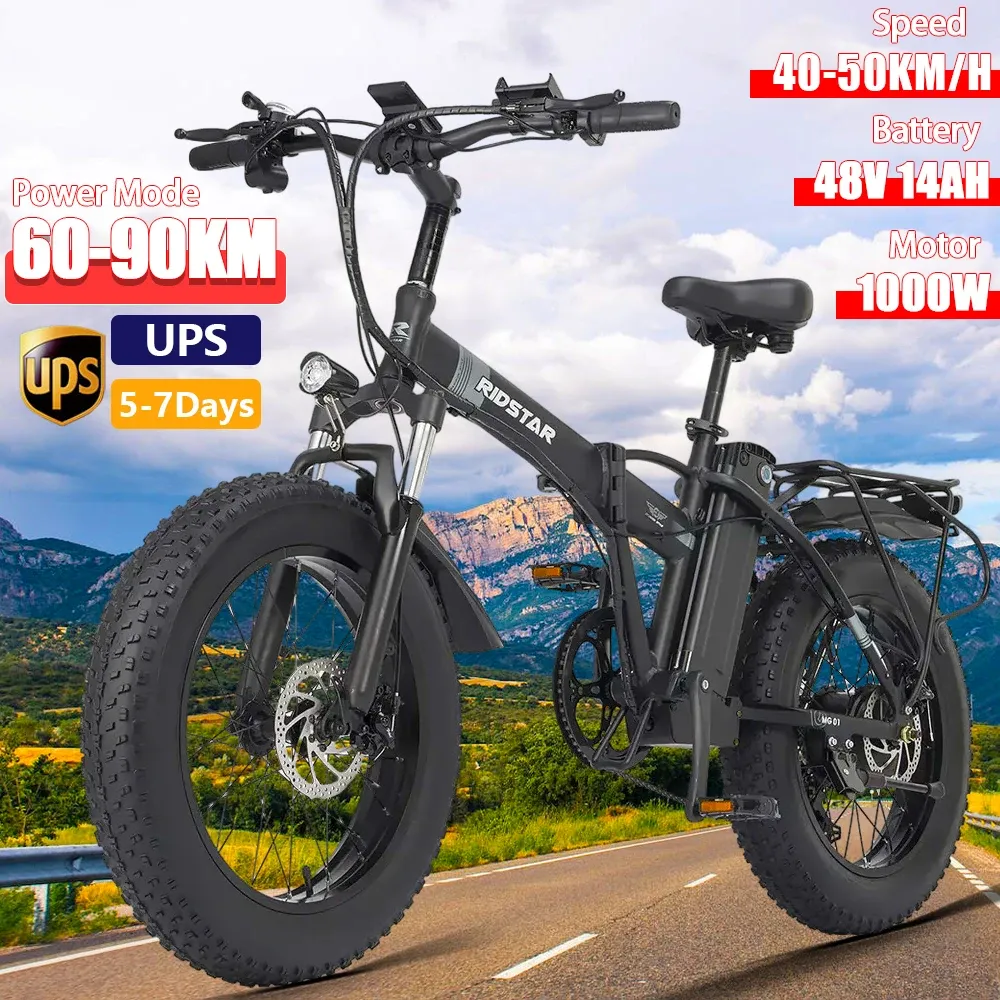 Bicycle Ridstar G20 Bicicleta Elétrica dobrável 1000W 48V 14AH Tire Fat Ebike Mountain Bikes Electric Bikes Ciclismo de praia com banco traseiro