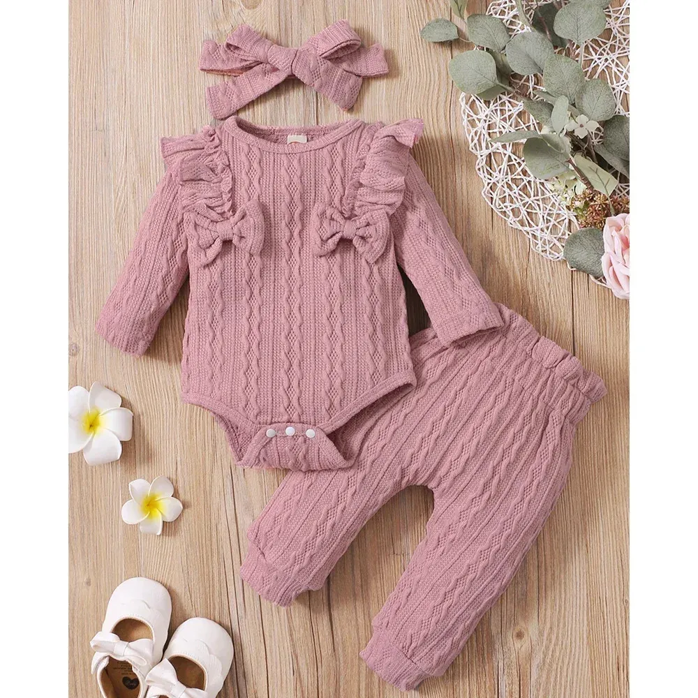 Ensemble de vêtements pour bébés filles, automne hiver, avec nœud rose, manches longues, barboteuse, pantalon, tenue à la mode pour nourrissons, 240314