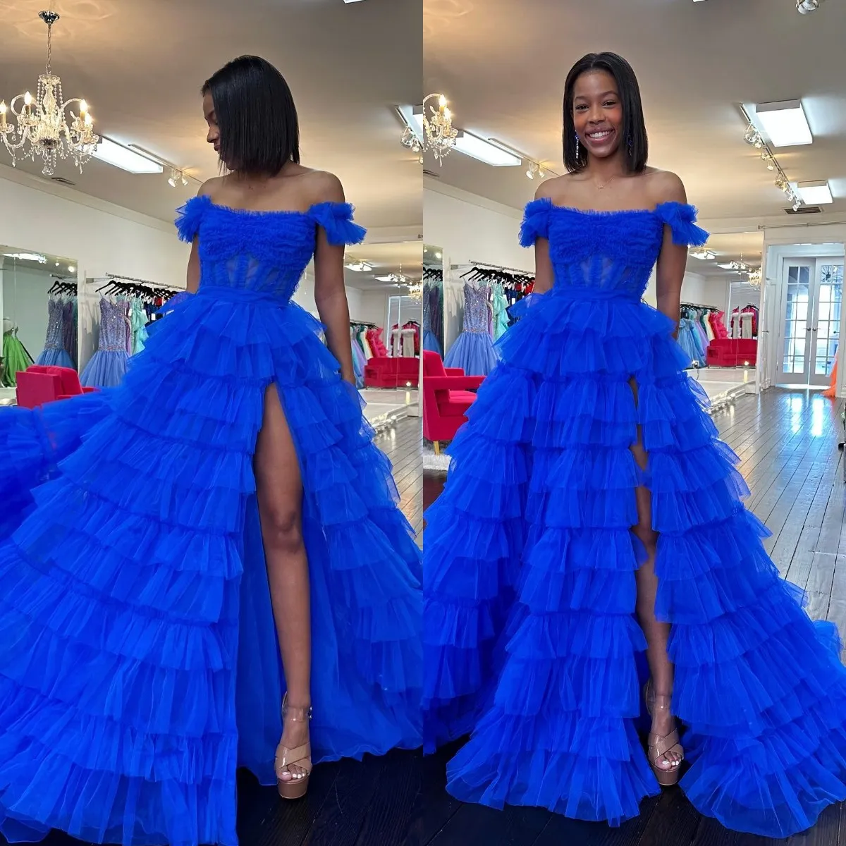 Royal Blue A Line Prom Dress Puffy Tiered Kjol Spaghetti Off Shoulder Formal Evening Elegant Dresses For Special OCNS Lår split Tulle Robe de Soiree