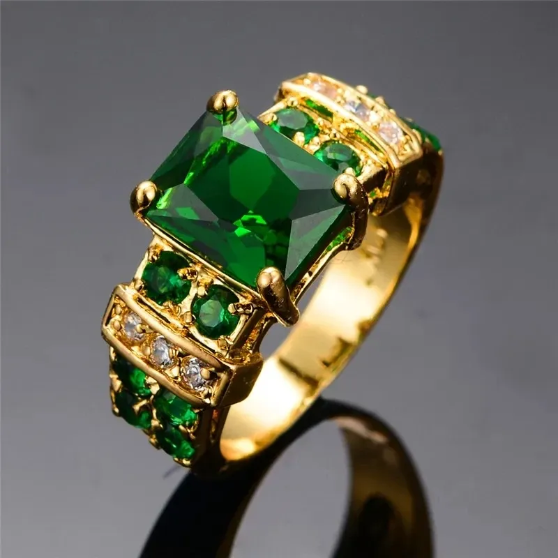 Trendy Green Crystal Ring Charm Wedding 14k Yellow Gold Ring Womens Luxury Square Zirconia Promise Engagement Ring