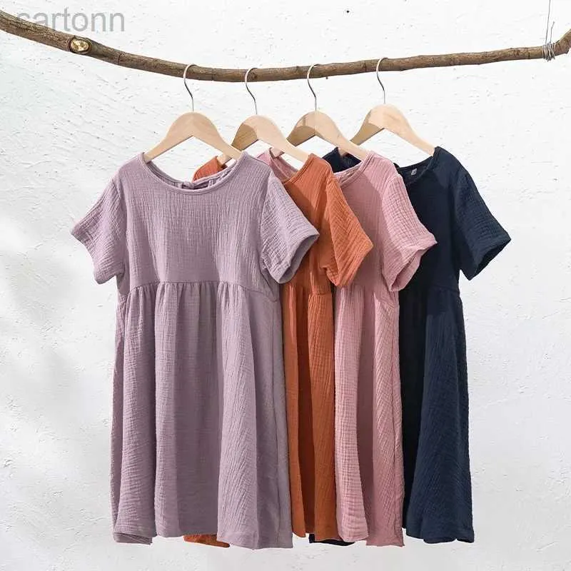 Mädchenkleider, 100 % reine Baumwolle, kurzärmelige Sommerkleidung für Damen, lässiges, lockeres Strandkleid für Kinder, Kinderkleidung 24323