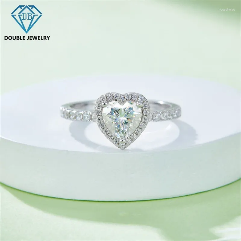 Bagues de cluster double bijoux amour coeur forme moissanite pour dame s925 argent sterling fête d'anniversaire de mariage en gros