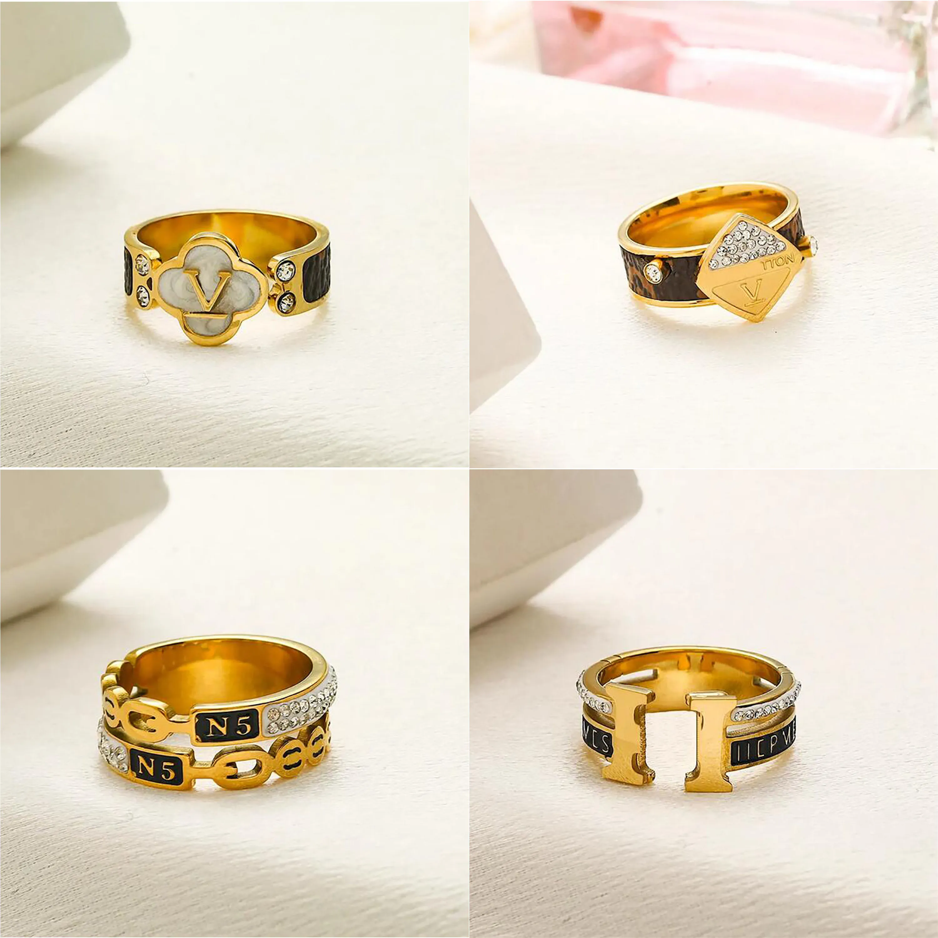 Fade aldrig Luxurys designer 18k guld strass ring kvinnor mode guld ringar mode rostfritt stål graverat brev mönster guld pläterad storlek 6-8 grossist