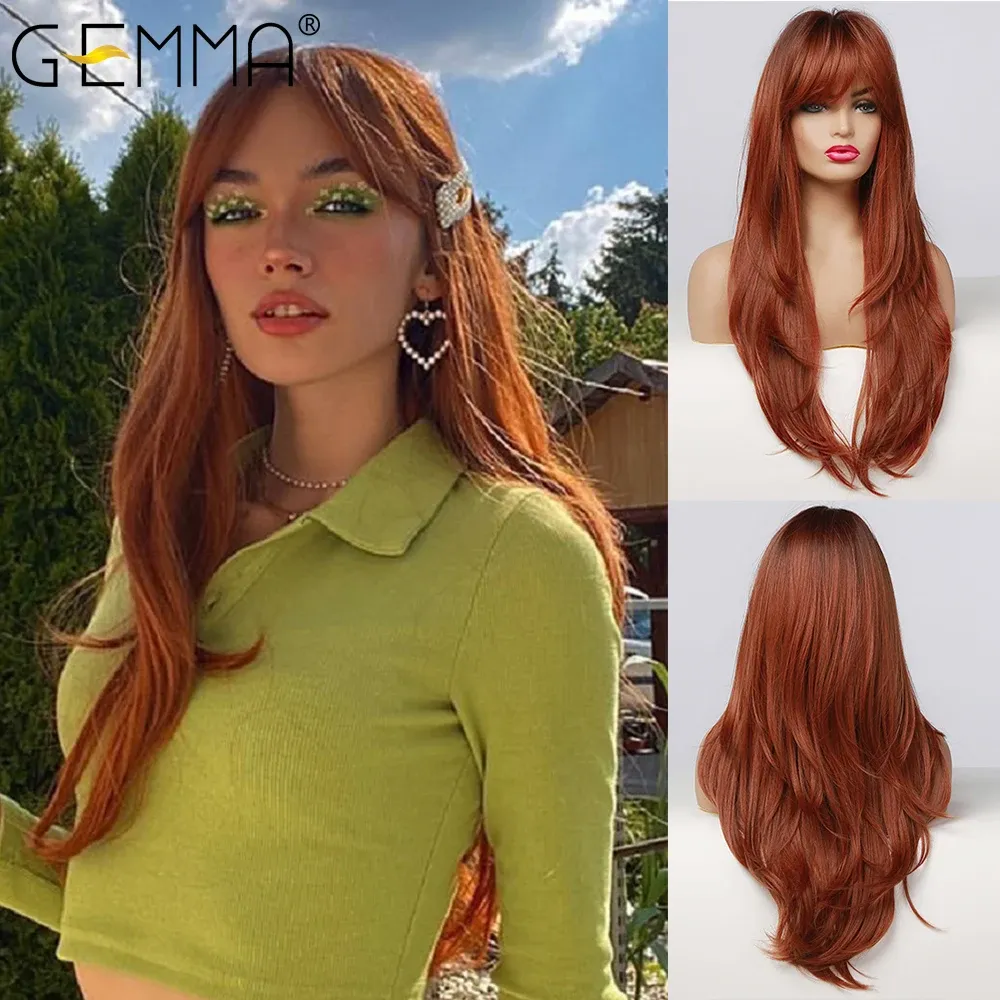 Wigs GEMMA Long Straight Ombre Black Orange Wine Red Wig with Bangs Synthetic Wigs for Women Heat Resistant Layered Cosplay Daily Wig