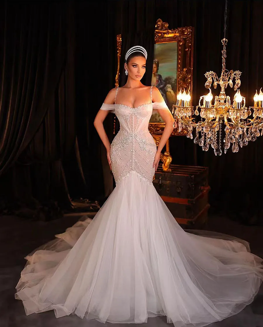 Robe De mariée sirène De luxe, Sexy, épaules dénudées, perles, paillettes, Organza, à lacets, 2024