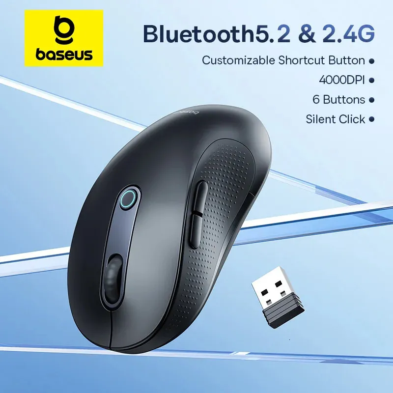 Беспроводная мышь Baseus F02, Bluetooth 52, 24G, 4000 точек на дюйм, эргономичная, с 6 кнопками отключения звука, мышь для iPad, планшета, ноутбука, компьютера, 240314