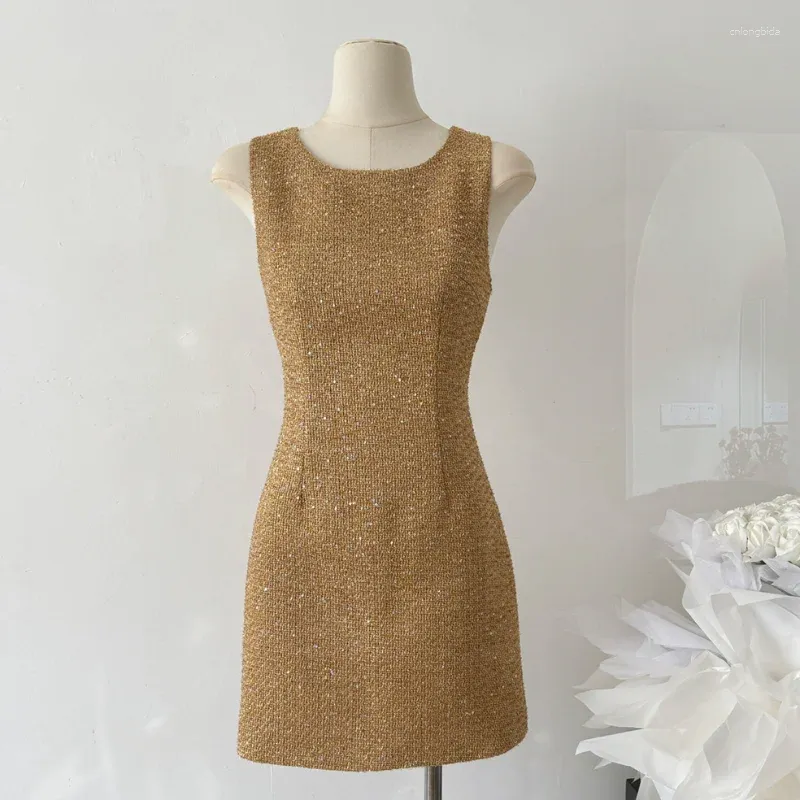 Casual Dresses Women Golden Sleeveless Vest Small Fragrant Dress Fashion Simple Chic Elegant Sequins French Mini Spring Summer